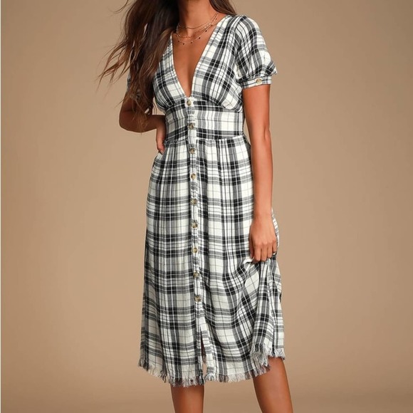 Lulus Dakota Black and White Plaid Button Front Dress Size Small - Picture 1 of 8